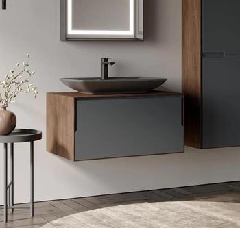 Orka Craft 80 cm Kompakt Ceviz Banyo Dolabı Alt Modül ve Lavabo (Mat Antrasit Lavabo), 5003987
