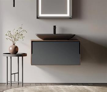 Orka Craft 80 cm Kompakt Ceviz Banyo Dolabı Alt Modül ve Lavabo (Mat Antrasit Lavabo), 5003987