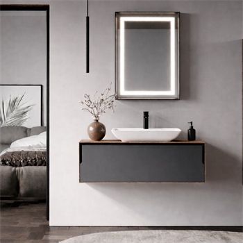 Orka Craft Banyo Dolabı Takımı, 100 cm, Kompakt Ceviz (Ledli Ayna-Mat Beyaz Lavabo), 5003430