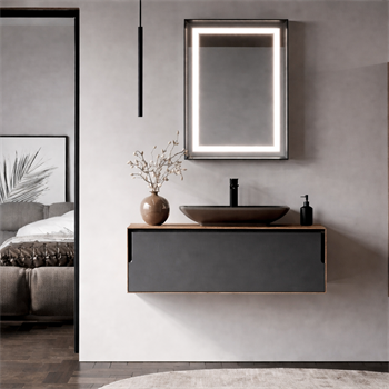 Orka Craft Banyo Dolabı Takımı, 100 cm, Kompakt Ceviz (Ledli Ayna-Mat Antrasit Lavabo), 5000145