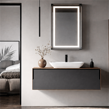 Orka Craft Banyo Dolabı Takımı, 120 cm, Kompakt Ceviz (Ledli Ayna-Mat Beyaz Lavabo), 5003432