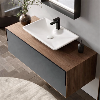 Orka Craft Banyo Dolabı Takımı, 120 cm, Kompakt Ceviz (Ledli Ayna-Mat Beyaz Lavabo), 5003432