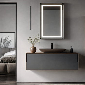 Orka Craft Banyo Dolabı Takımı, 120 cm, Kompakt Ceviz (Ledli Ayna-Mat Antrasit Lavabo), 5000147