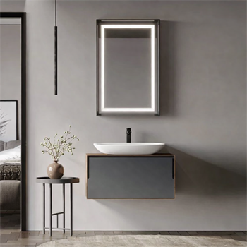 Orka Craft Banyo Dolabı Takımı, 80 cm, Kompakt Ceviz (Ledli Ayna-Mat Beyaz Lavabo), 5003988