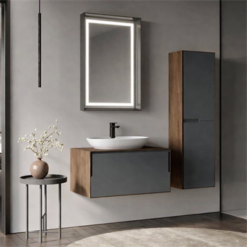 Orka Craft Banyo Dolabı Takımı, 80 cm, Kompakt Ceviz (Ledli Ayna-Mat Beyaz Lavabo), 5003988