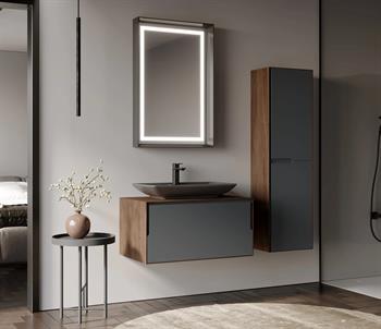 Orka Craft Banyo Dolabı Takımı, 80 cm, Kompakt Ceviz (Ledli Ayna-Mat Antrasit Lavabo), 5003986