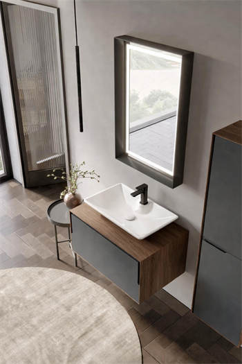 Orka Craft Banyo Dolabı Takımı, 80 cm, Kompakt Ceviz (Ledli Ayna-Mat Beyaz Lavabo), 5003988