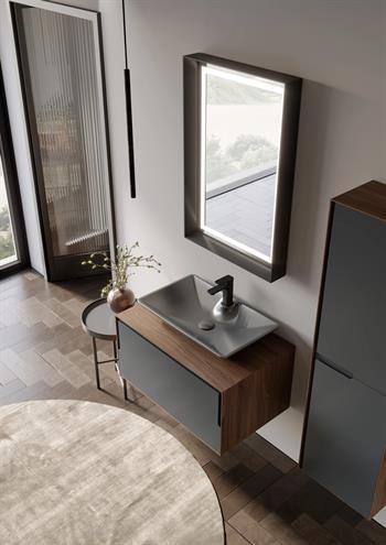 Orka Craft Banyo Dolabı Takımı, 80 cm, Kompakt Ceviz (Ledli Ayna-Mat Antrasit Lavabo), 5003986