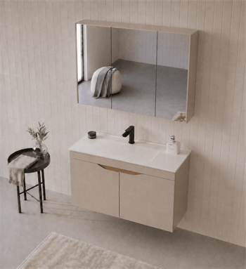 Orka Lena 100 cm Çöl Beji Banyo Dolabı Takımı (Kapaklı ,Dolaplı Ayna), 5008006