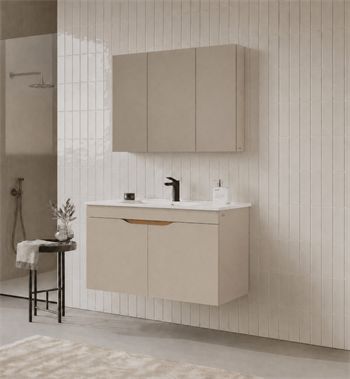 Orka Lena 100 cm Çöl Beji Banyo Dolabı Takımı (Kapaklı ,Dolaplı Ayna), 5008006