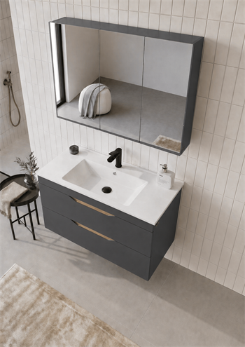 Orka Lena 100 cm Mat Antrasit Banyo Dolabı Takımı (Çekmeceli ,Dolaplı Ayna), 5008040