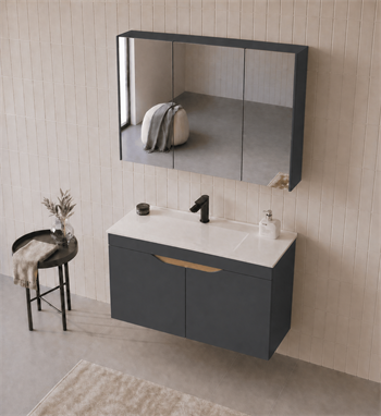 Orka Lena 100 cm Mat Antrasit Banyo Dolabı Takımı (Kapaklı ,Dolaplı Ayna), 5008028