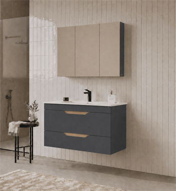 Orka Lena 100 cm Mat Antrasit Banyo Dolabı Takımı (Kapaklı ,Dolaplı Ayna), 5008028