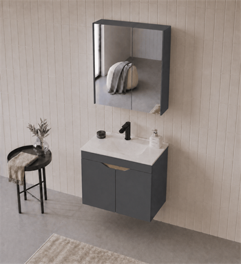 Orka Lena 65 cm Mat Antrasit Banyo Dolabı Takımı (Kapaklı ,Dolaplı Ayna), 5008019