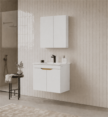 Orka Lena 65 cm Mat Beyaz Banyo Dolabı Takımı (Kapaklı ,Dolaplı Ayna), 5008806