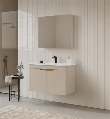 Orka Lena 85 cm Çöl Beji Banyo Dolabı Takımı (Kapaklı ,Dolaplı Ayna), 5008003