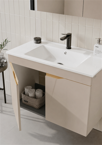 Orka Lena 85 cm Çöl Beji Banyo Dolabı Takımı (Kapaklı ,Dolaplı Ayna), 5008003