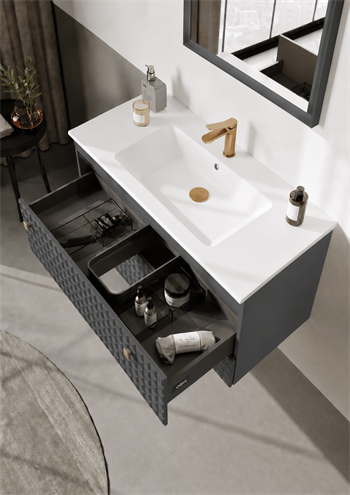Orka Lipari 100 cm Mat Antrasit Banyo Dolabı Alt Modül Ve Lavabo (Asma-Altın Kulp), 5007296