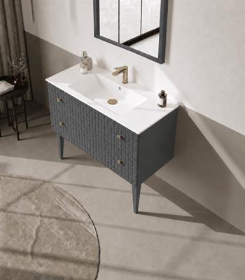 Orka Lipari 100 cm Mat Antrasit Banyo Dolabı Alt Modül Ve Lavabo (Ayaklı-Altın Kulp), 5007332