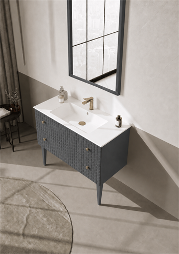 Orka Lipari Ayaklı Banyo Dolabı Takımı, 100 cm, Mat Antrasit Lake (Altın Kulp-Ledli Ayna), 5007344