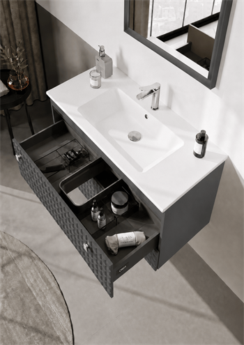 Orka Lipari 100 cm Mat Antrasit Banyo Dolabı Alt Modül Ve Lavabo (Asma-Krom Kulp), 5007319