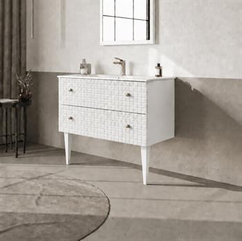 Orka Lipari 100 cm Mat Beyaz Banyo Dolabı Alt Modül Ve Lavabo (Ayaklı-Altın Kulp), 5007329