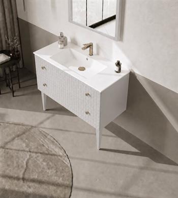Orka Lipari 100 cm Mat Beyaz Banyo Dolabı Alt Modül Ve Lavabo (Ayaklı-Altın Kulp), 5007329