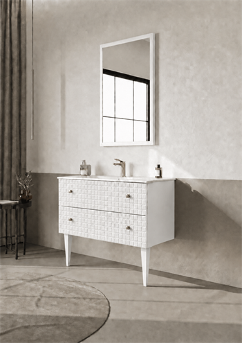 Orka Lipari Ayaklı Banyo Dolabı Takımı, 100 cm, Mat Beyaz Lake (Altın Kulp-Ledli Ayna), 5007342