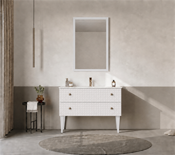 Orka Lipari Ayaklı Banyo Dolabı Takımı, 100 cm, Mat Beyaz Lake (Altın Kulp-Ledli Ayna), 5007342