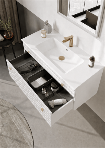 Orka Lipari Asma Banyo Dolabı Takımı, 100 cm, Mat Beyaz Lake (Altın Kulp-Ledli Ayna), 5007304