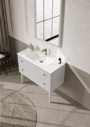 Orka Lipari Ayaklı Banyo Dolabı Takımı, 100 cm, Mat Beyaz Lake (Altın Kulp-Ledli Ayna), 5007342