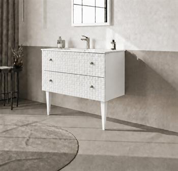 Orka Lipari 100 cm Mat Beyaz Banyo Dolabı Alt Modül Ve Lavabo (Ayaklı-Krom Kulp), 5007333