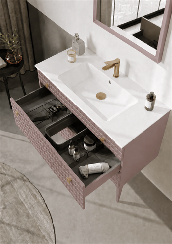 Orka Lipari 100 cm Mat Pudra Banyo Dolabı Alt Modül Ve Lavabo (Ayaklı-Altın Kulp), 5008579