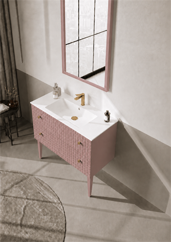 Orka Lipari Ayaklı Banyo Dolabı Takımı, 100 cm, Mat Pudra Lake (Altın Kulp-Ledli Ayna), 5008583
