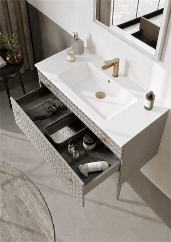 Orka Lipari Ayaklı Banyo Dolabı Takımı, 100 cm, Mat Vizon Lake (Altın Kulp-Ledli Ayna), 5007343