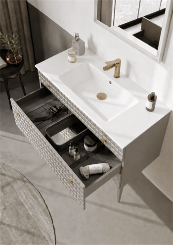 Orka Lipari 100 cm Mat Vizon Banyo Dolabı Alt Modül Ve Lavabo (Ayaklı-Altın Kulp), 5007331
