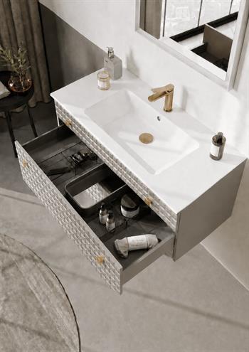 Orka Lipari 100 cm Mat Vizon Banyo Dolabı Alt Modül Ve Lavabo (Asma-Altın Kulp), 5007294