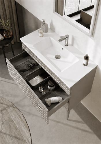 Orka Lipari Ayaklı Banyo Dolabı Takımı, 100 cm, Mat Vizon Lake (Krom Kulp-Ledli Ayna), 5007346