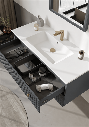 Orka Lipari 120 cm Mat Antrasit Banyo Dolabı Alt Modül Ve Lavabo (Asma-Altın Kulp), 5007303