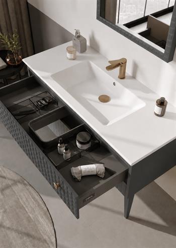 Orka Lipari 120 cm Mat Antrasit Banyo Dolabı Alt Modül Ve Lavabo (Ayaklı-Altın Kulp), 5007338
