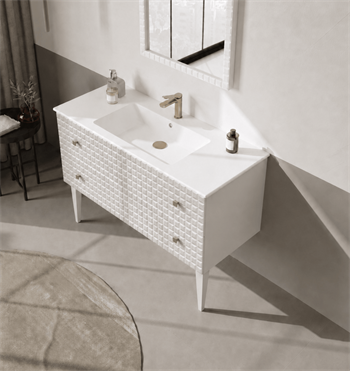 Orka Lipari 120 cm Mat Beyaz Banyo Dolabı Alt Modül Ve Lavabo (Ayaklı-Altın Kulp), 5007336