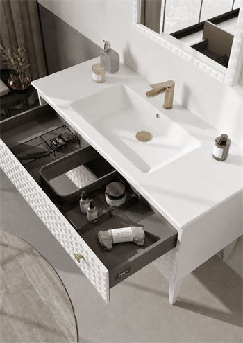 Orka Lipari 120 cm Mat Beyaz Banyo Dolabı Alt Modül Ve Lavabo (Ayaklı-Altın Kulp), 5007336