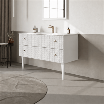 Orka Lipari 120 cm Mat Beyaz Banyo Dolabı Alt Modül Ve Lavabo (Ayaklı-Altın Kulp), 5007336
