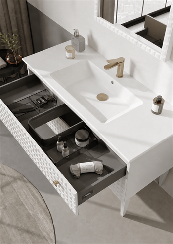 Orka Lipari Ayaklı Banyo Dolabı Takımı, 120 cm, Mat Beyaz Lake (Altın Kulp-Ledli Ayna), 5007348