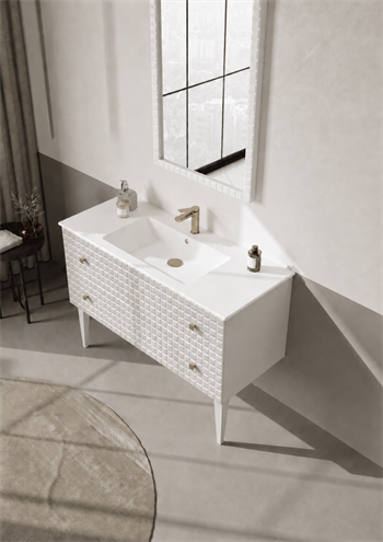 Orka Lipari Ayaklı Banyo Dolabı Takımı, 120 cm, Mat Beyaz Lake (Altın Kulp-Ledli Ayna), 5007348