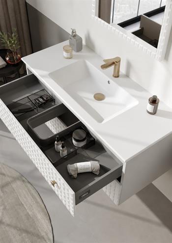 Orka Lipari 120 cm Mat Beyaz Banyo Dolabı Alt Modül Ve Lavabo (Asma-Altın Kulp), 5007298