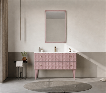 Orka Lipari Ayaklı Banyo Dolabı Takımı, 120 cm, Mat Pudra Lake (Altın Kulp-Ledli Ayna), 5008591