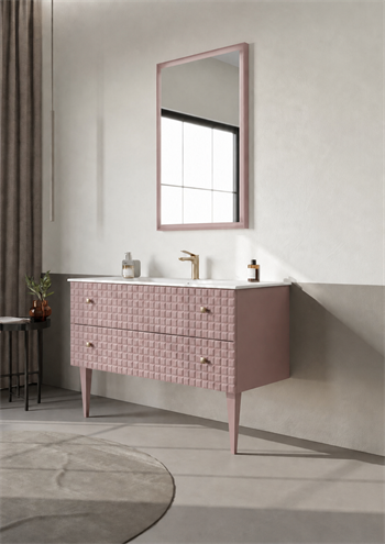 Orka Lipari Ayaklı Banyo Dolabı Takımı, 120 cm, Mat Pudra Lake (Altın Kulp-Ledli Ayna), 5008591