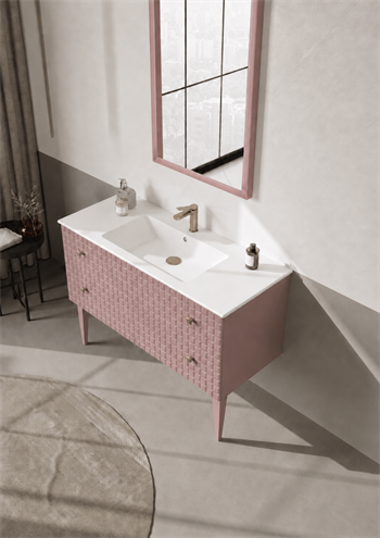 Orka Lipari Ayaklı Banyo Dolabı Takımı, 120 cm, Mat Pudra Lake (Altın Kulp-Ledli Ayna), 5008591