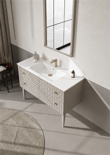 Orka Lipari Ayaklı Banyo Dolabı Takımı, 120 cm, Mat Vizon Lake (Altın Kulp-Ledli Ayna), 5007349